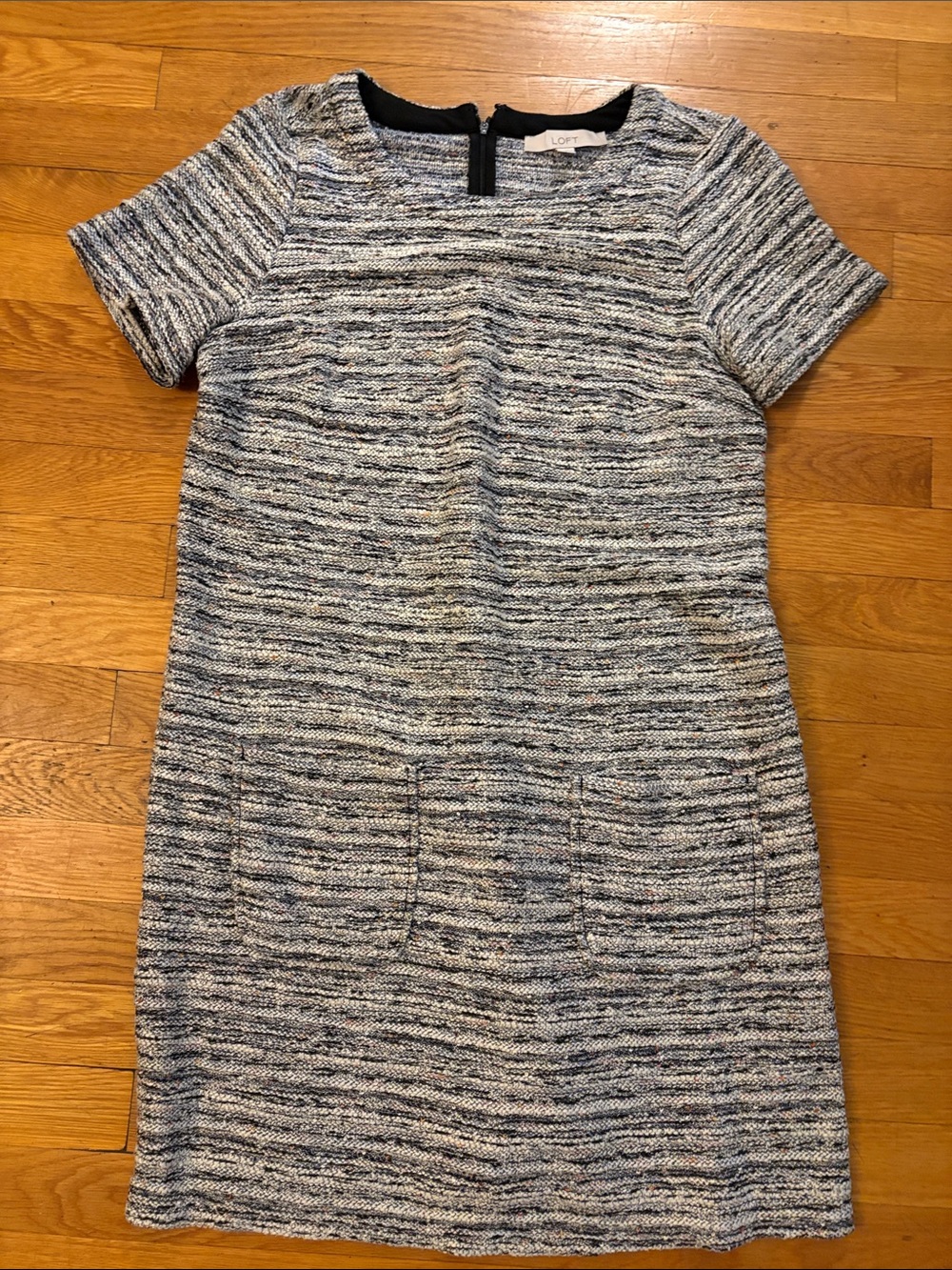 LOFT Short Sleeve Tweed Shift Dress in Blue and Gray